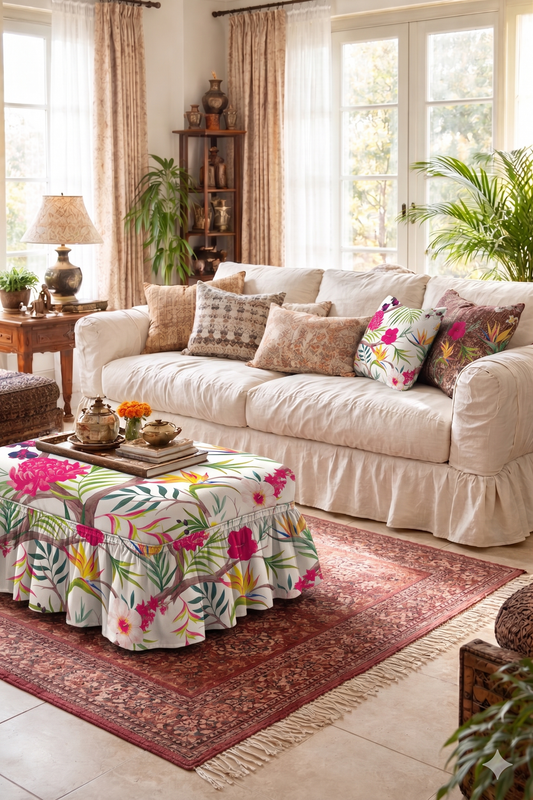 섬네일: Neutral Floral Skirted Pouffe Cover Ottoman Puffe Frill Cover-16"X24"Pouffe Seat