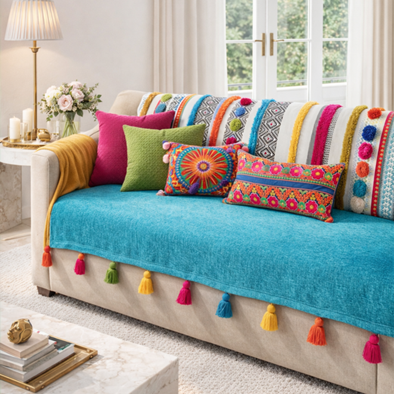 Thumbnail: Blue Bohemian 6 Seater Sofa Cover With Tassel Sofa Throw 3+2+1 Seater Set