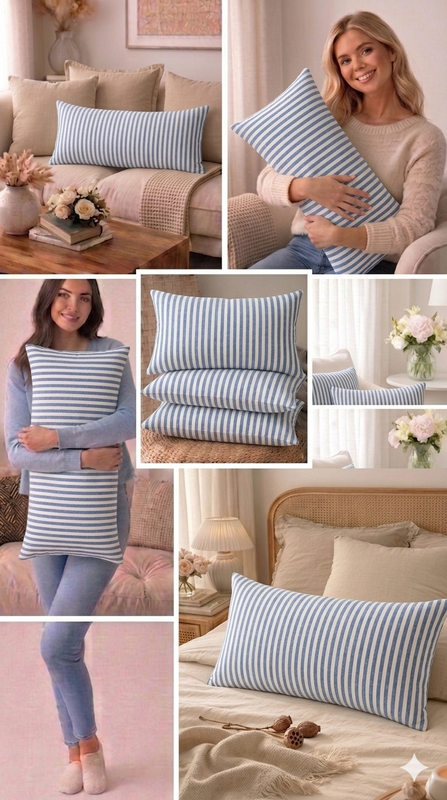 Миниатюра: Blue White Striped Cotton  Rectangular Full Body Bed Pillow Cover 12x48 Inches