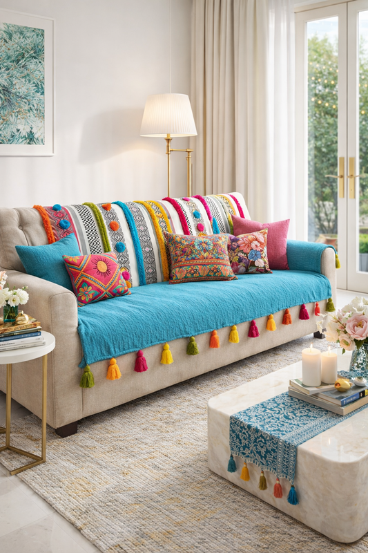 Thumbnail: Blue Bohemian 2 Seater Sofa Cover With Tassels|Boho Sofa Throw For Love Seat