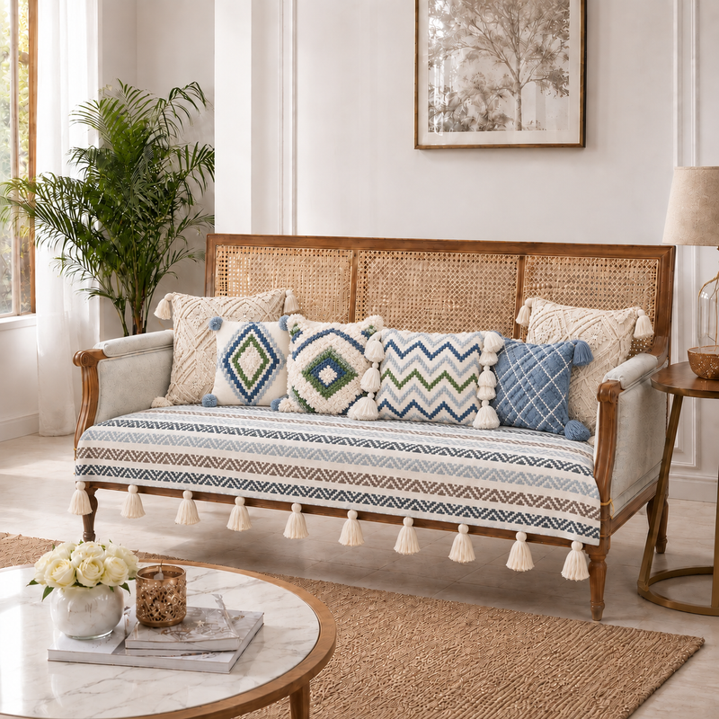 Minijatura: Neutral Chevron 7 Seater Sofa Cover With Tassels | Sofa Throw 3+3+1 Seater Set