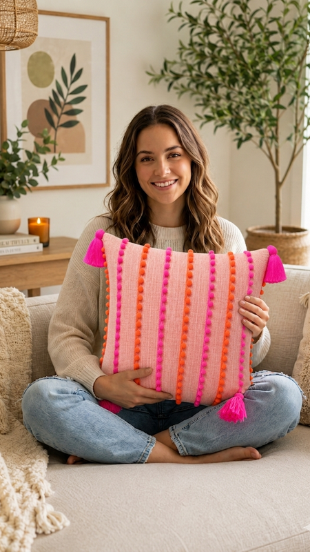 Thumbnail: Cotton Boho Pom Pom Pillow Cover  Square Sofa Cushion Cover 12x12 Inches
