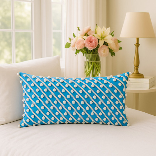 Blue with White Pom-Pom Lace Rectangle Cushion Cover with Filler 14x20  Inches Throwpillow