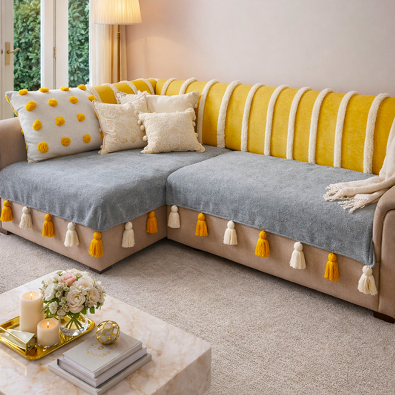 Thumbnail: LShape 7 Seater Sofa Cover With Tassels Grey 3 Seater + 3 Seater + 1 Corner