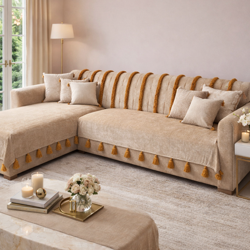 Minijatura: LShape 7 Seater Sofa Cover With Tassels Tan 3 Seater + 3 Seater + 1 Corner