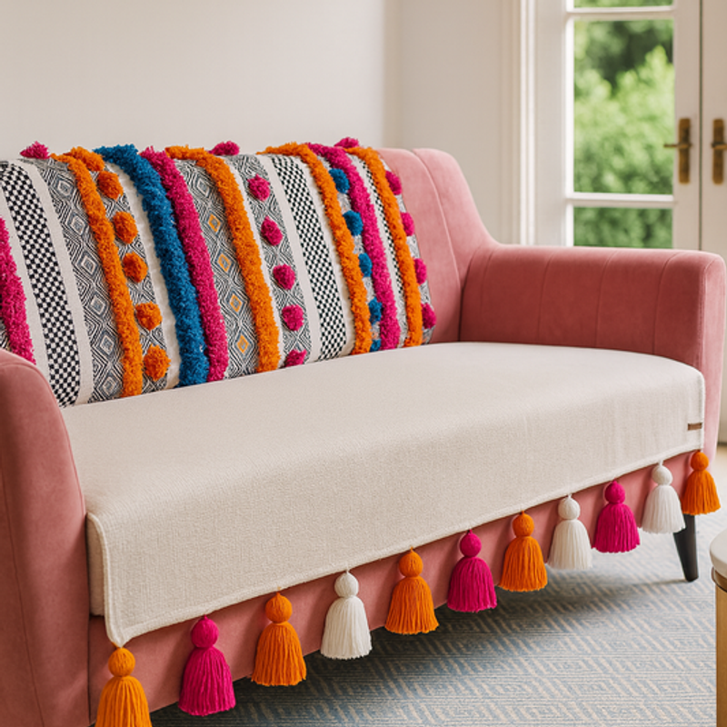 Thumbnail: 3 Seater Sofa Cover With Tassels: Neutral Bohemian Embroidered Back Cover