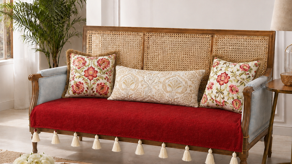 Thumbnail: Red 2 Seater+3 Seater+Corner L Shape Sofa Cover With Tassels|Seat Cover