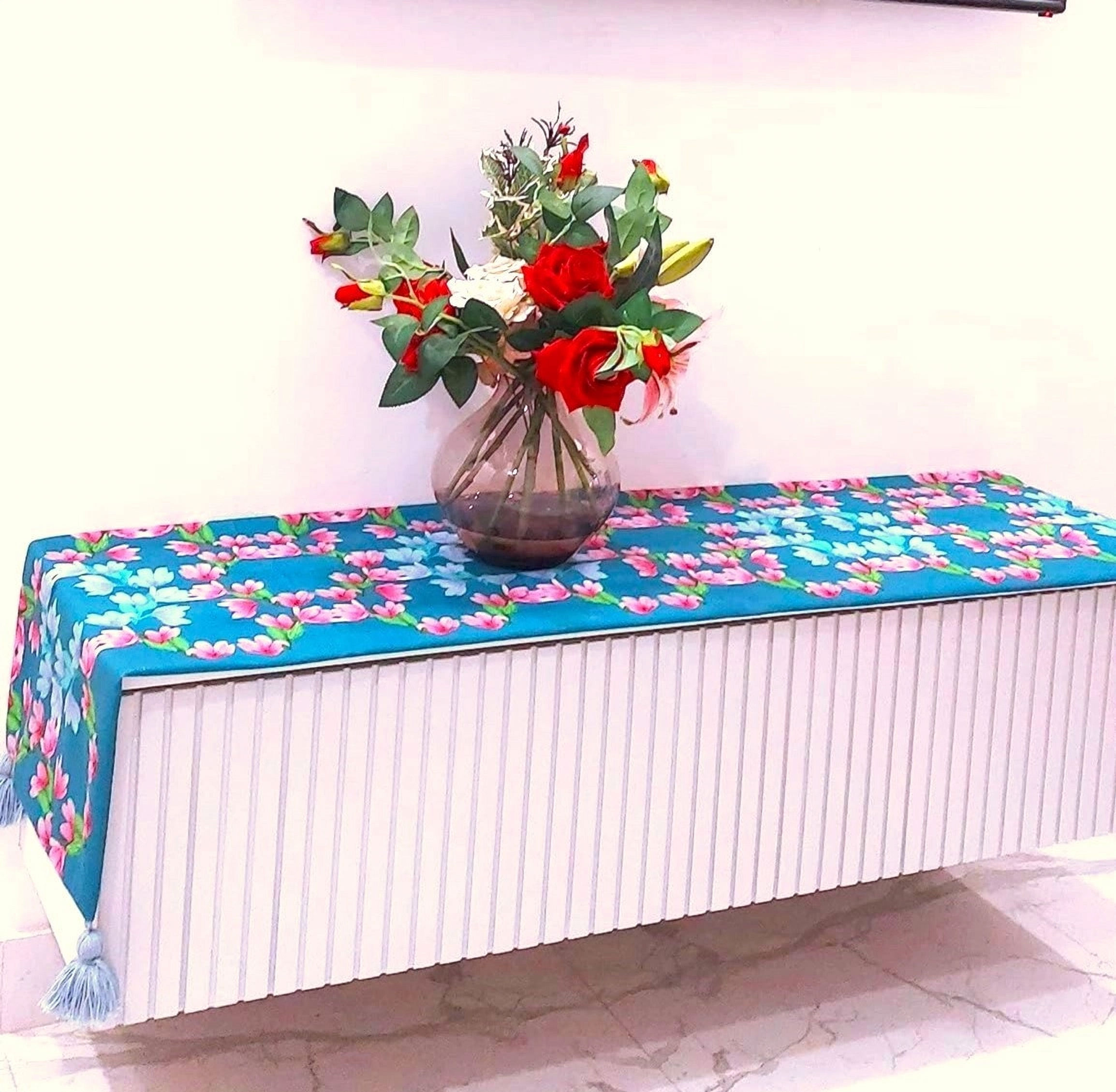 Teal Green MangoliaPink Floral Tassel TV Unit/Console/Centre/Dining Table Runner