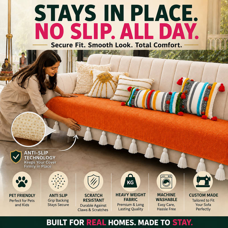 Imej kecil: Orange 3 Seater Sofa Cover With Tassel Anti Slip Tassel Sofa Throw|Seat Cover