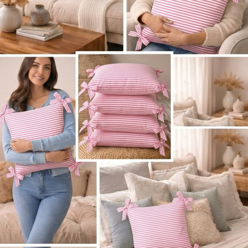 थंबनेल: Pink Striped Large Square Tie-Up Corners Cotton Cushion Cover 22x22 Inches