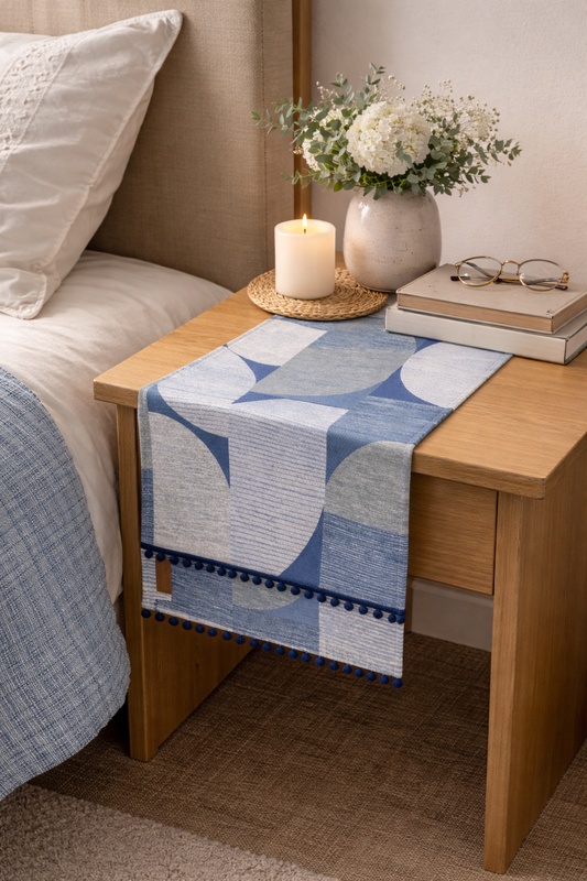 섬네일: Printed Blue Geometric Pom-Pom Lace  Table Runner | Bed Side Table Cabinet