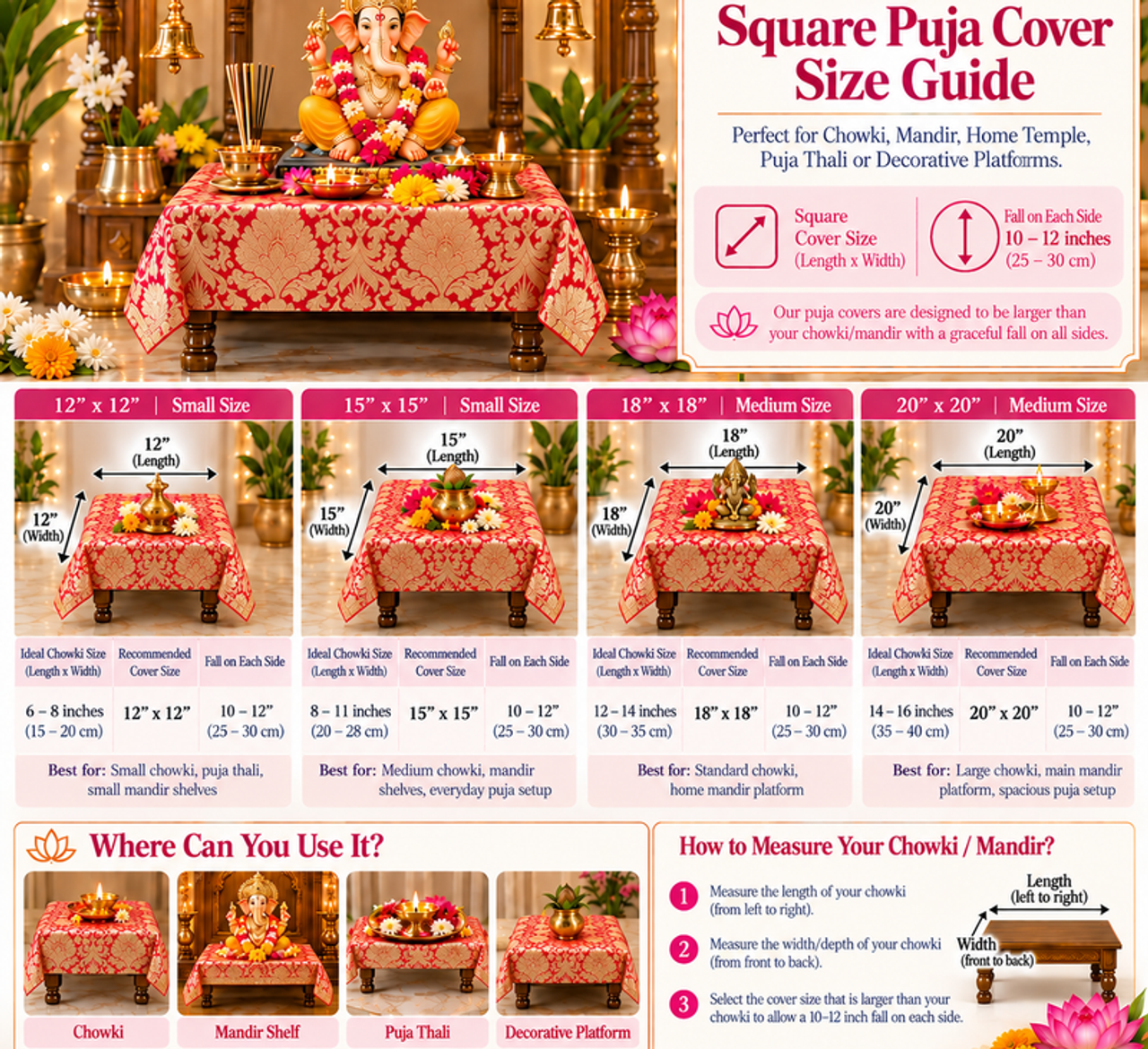 Red Silk Brocade Pooja Asan Cover 12 Inches |Square Table(S)