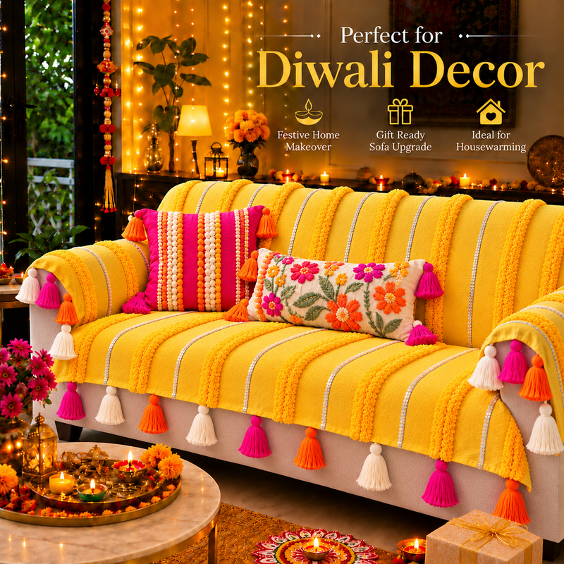 Yellow Moroccan 2 Seater Sofa Cover With Tassels|Boho Sofa Throw For Love Seat