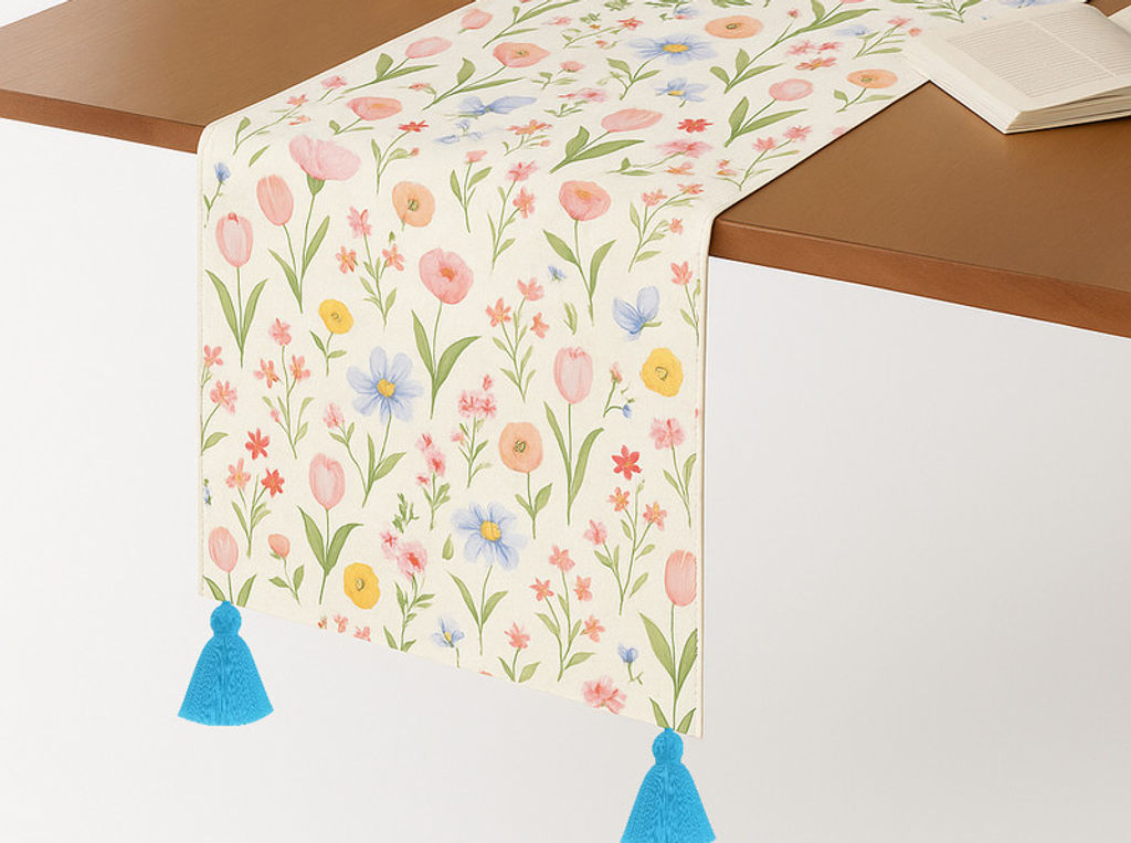 Spring Floral Designer TV Unit TV Cabinet Tassel Table Runner