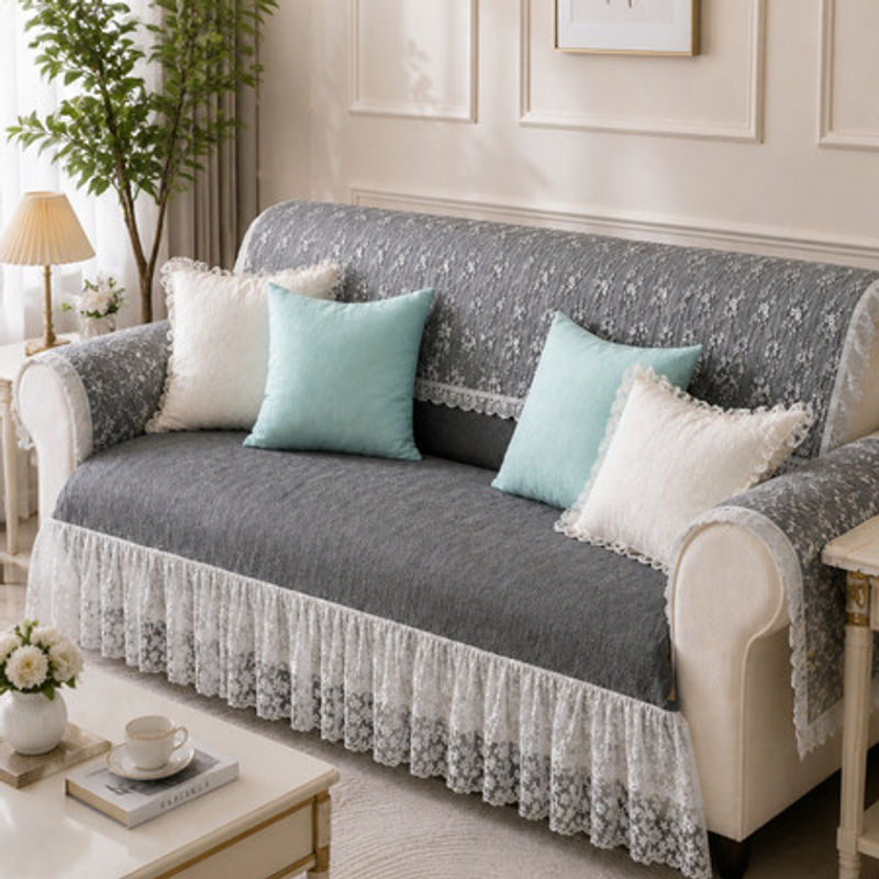 섬네일: Dark Grey 5 Seater Sofa Cover With Lace Frill |Frill Sofa Throw 3+2 Seater Set