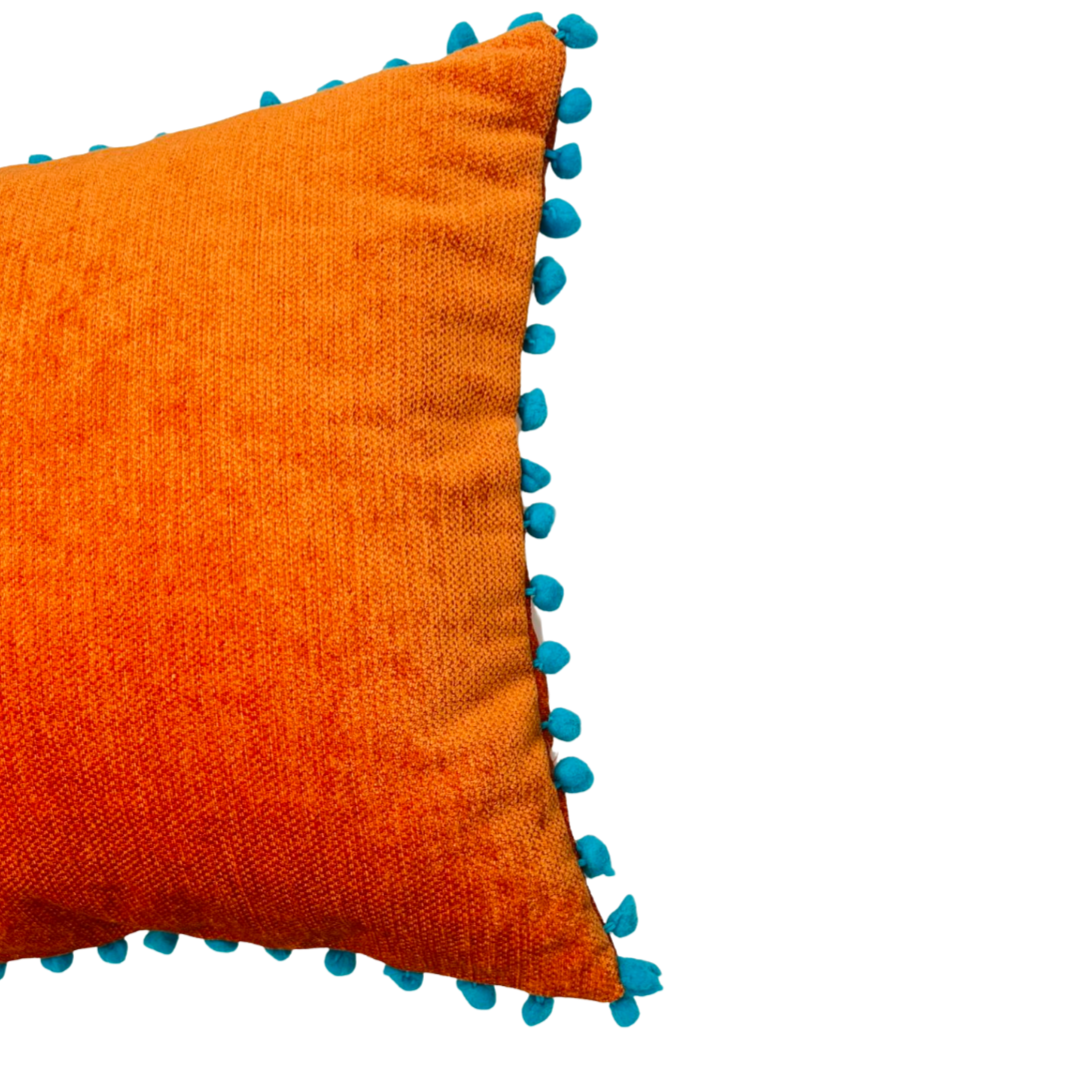 Orange Blue Pom Pom Cushion Cover