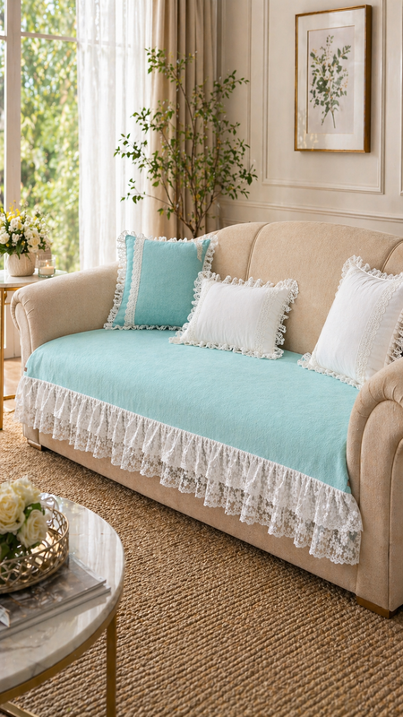 Thumbnail: Blue 6 Seater Sofa Cover With Lace Frill |Lace Frill Sofa Throw 3+2+1 Seater Set