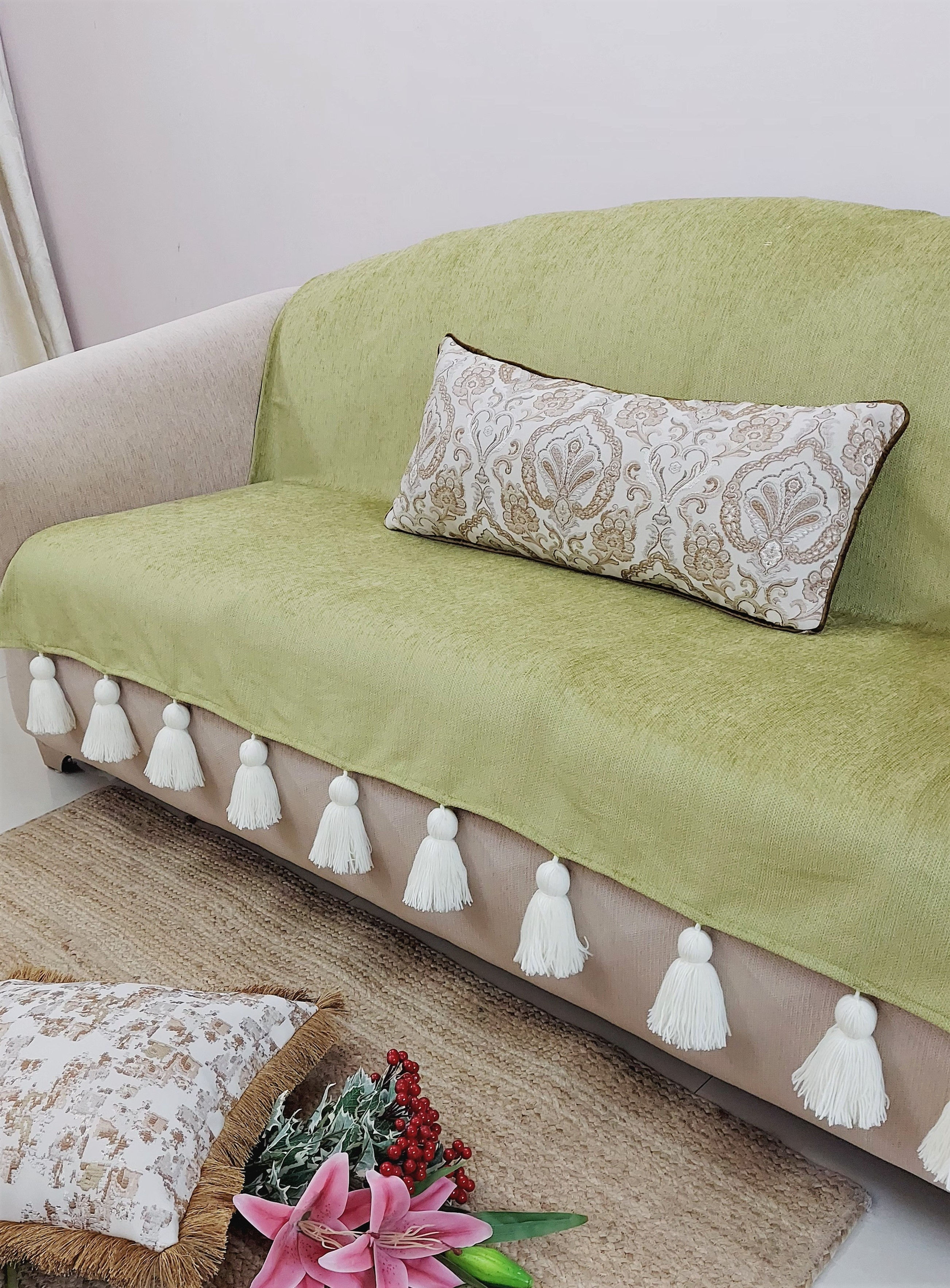 Olive Green Anti-Slip Premium Sofa Cover Throw With Off White Tassels