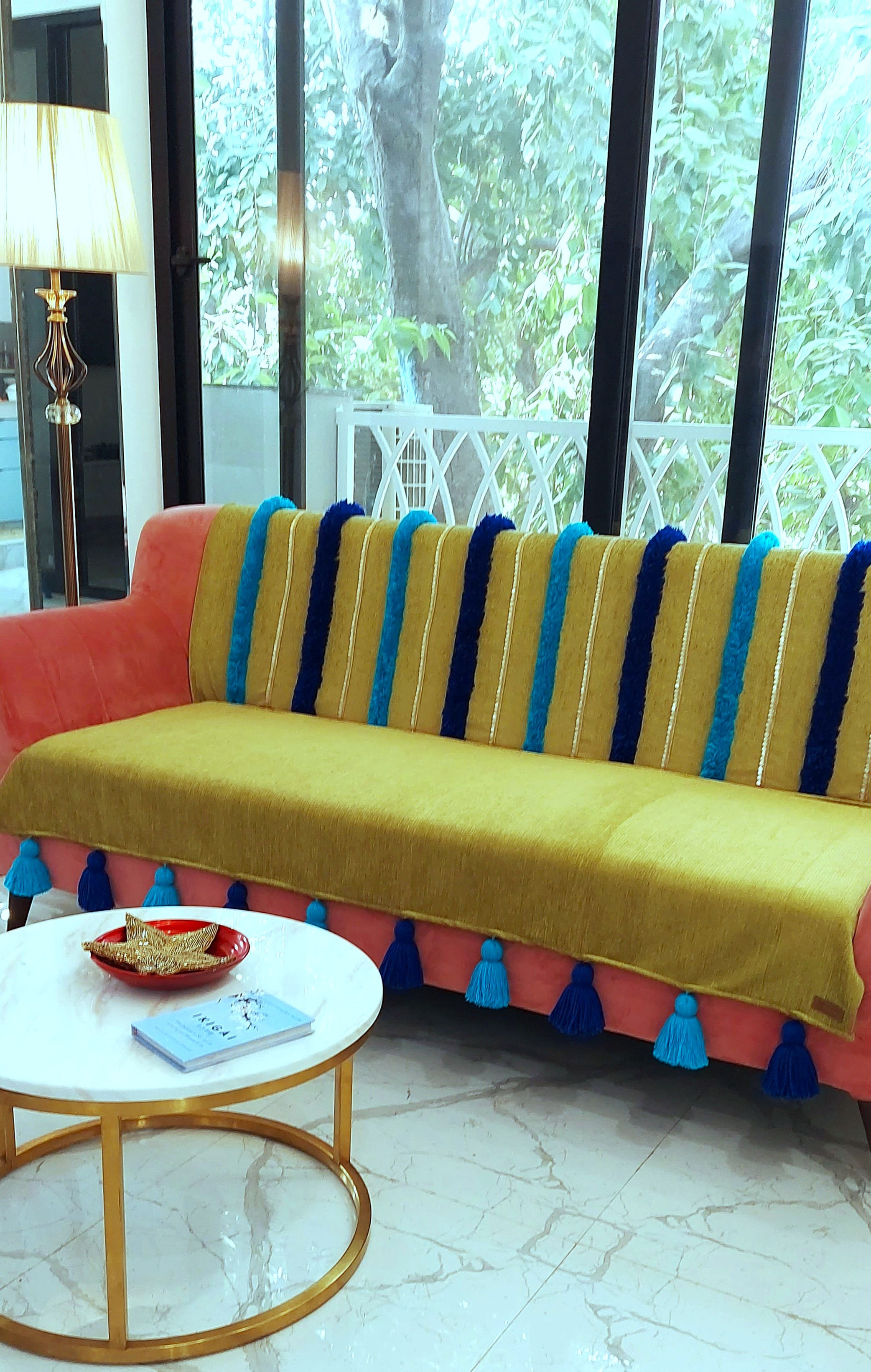 Olive Green Blue Hand Embroidered Custom Made Tassel Sofa Cover