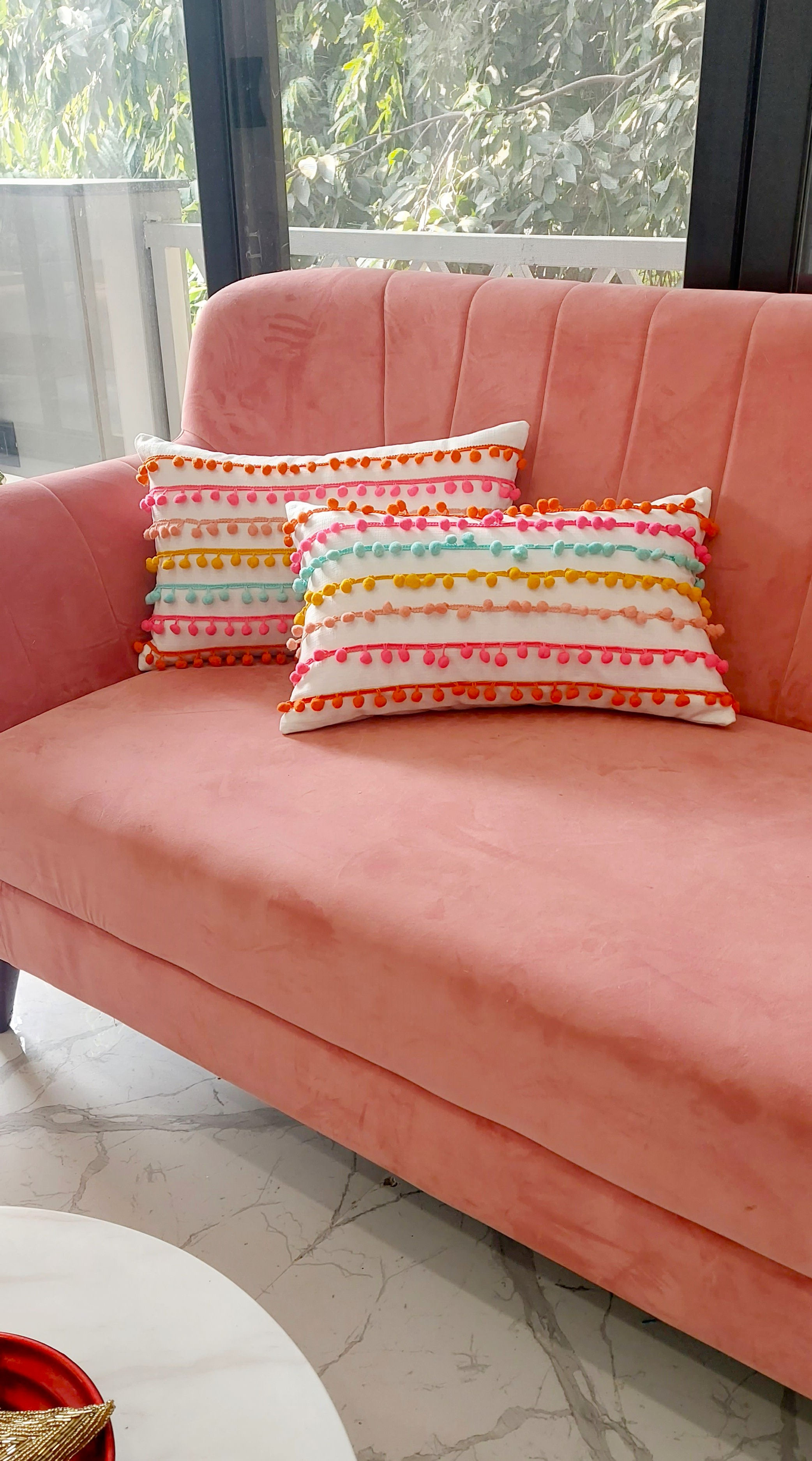 Colour Me Multicoloured Pom Pom Lace Rectangular Cushion Cover