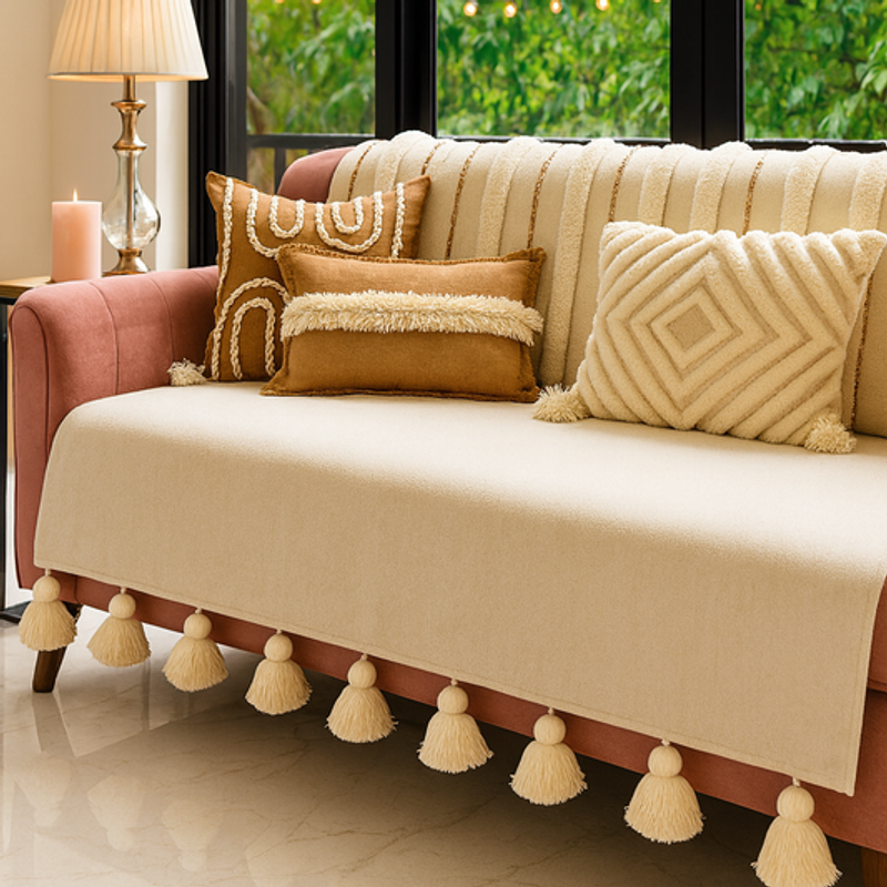 Miniatiūra: 2 Seater Sofa Cover With Tassels:Neautral Moroccan Embroidered Back Cover