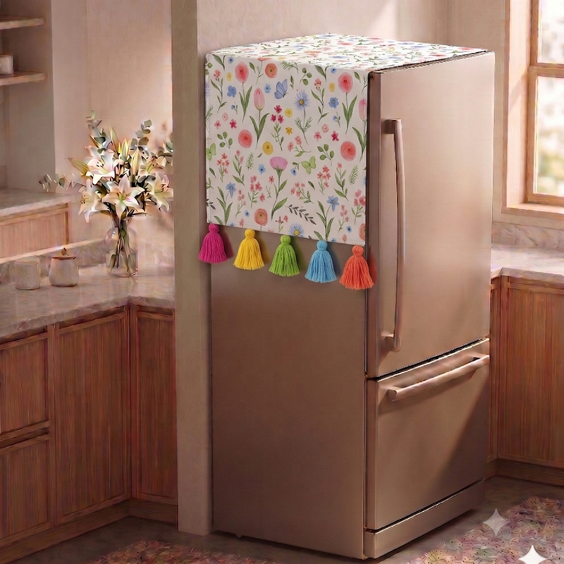Miniaturebillede: Fridge Cover Large Double Door 400+ L|Large Tassels|Floral Refrigerator Cover
