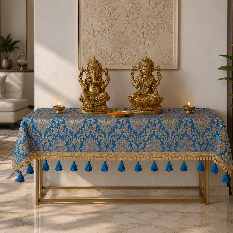 Miniatiūra: Blue Brocade Silk Chowki Cover Gold Fringe,Tassels