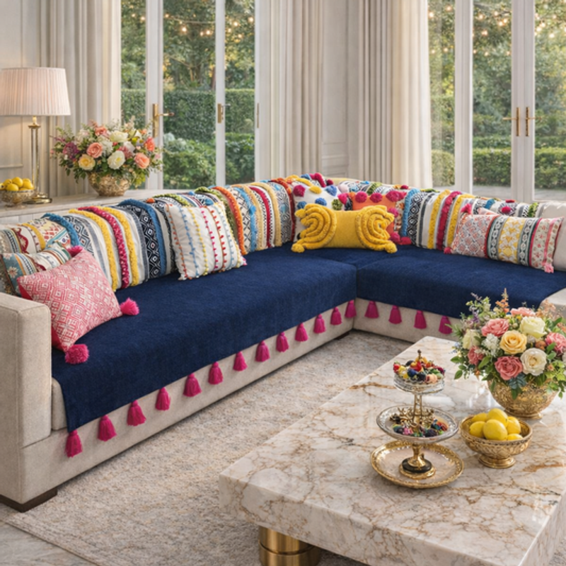 Thumbnail: L-Shaped Sofa Cover 5-seater Sectional 2 Seater With Lounger|Blue Bohemian