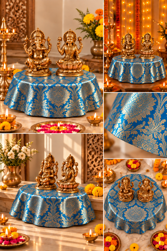 Teal Blue Silk Brocade Pooja Asan Cover 16 Inches |Round Table
