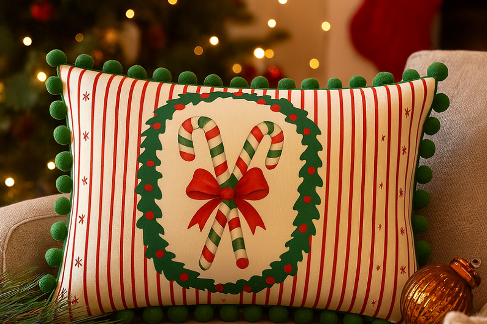 Miniature : Christmas Red Green Stripe Pom-Pom Decor Rectangular Cushion Cover 12x18 Inches