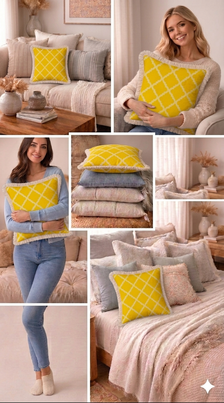Miniatură: Yellow& white  Trellis   Square Sofa Cushion Cover 18x18 Inches