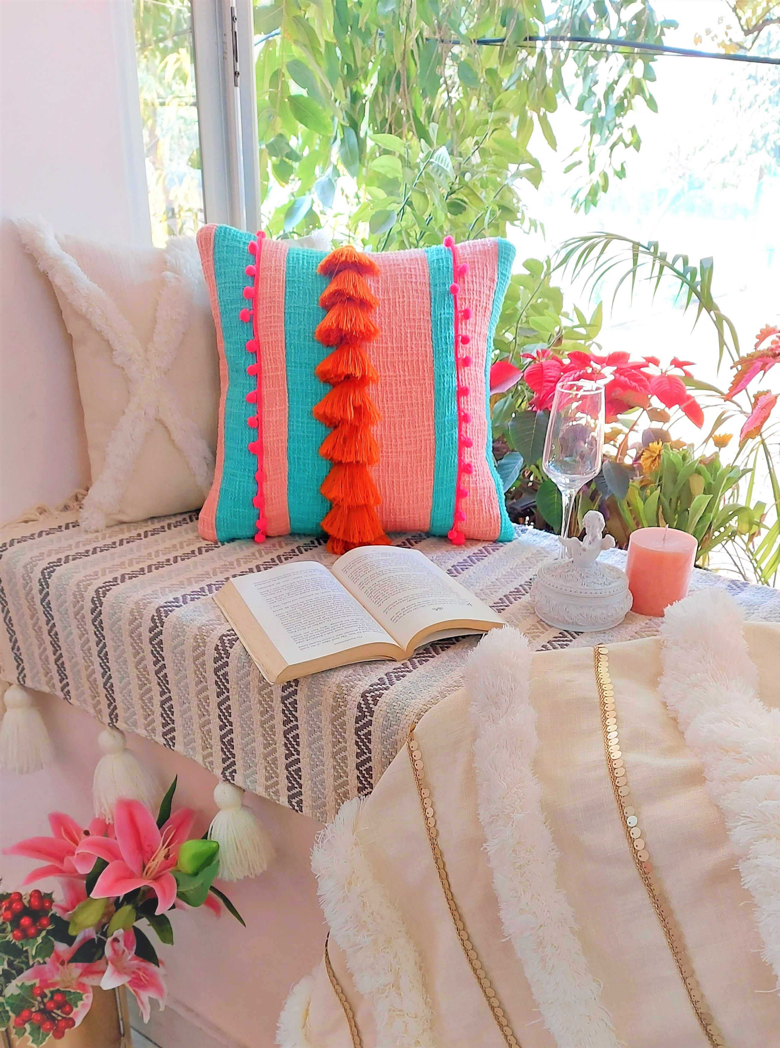 High GSM Shrink Resistant Cushion Cover with Multicolor Tassels and Bohemian Design