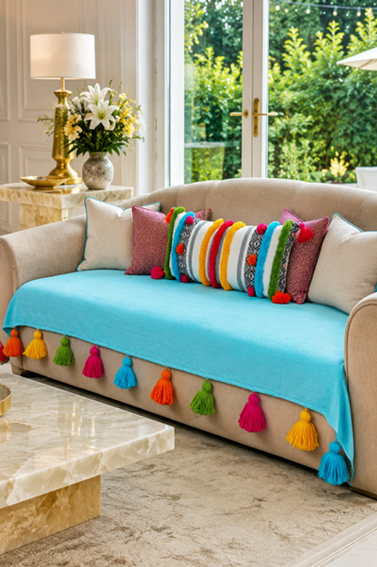 Μικρογραφία: Ice Blue Large 3 Seater Sofa Cover With Tassels|Anti Slip Tassel Sofa Throw