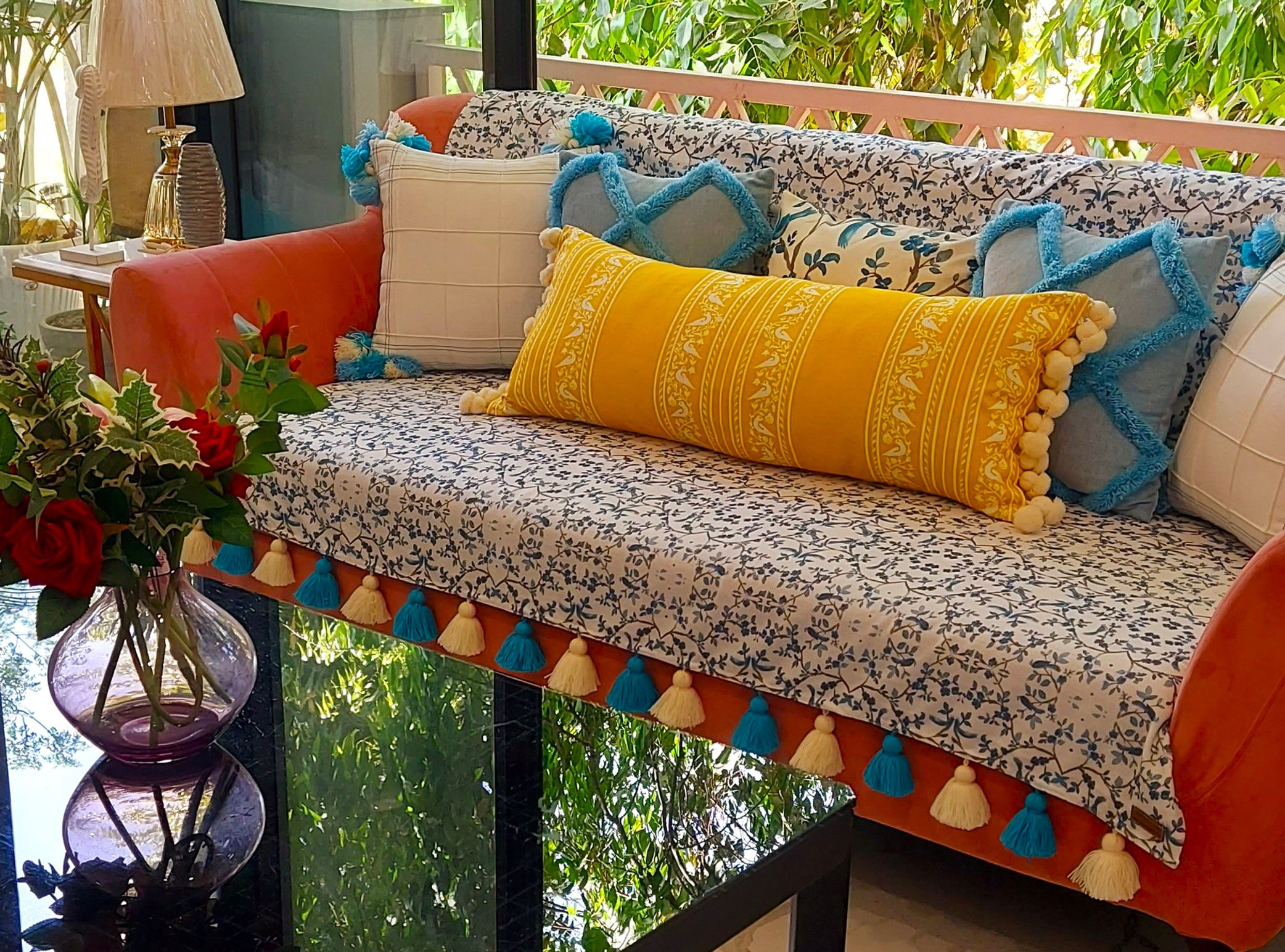 Chinnoisere blue bird printed sofa cover with tassels for living room décor and Diwali home decoration.