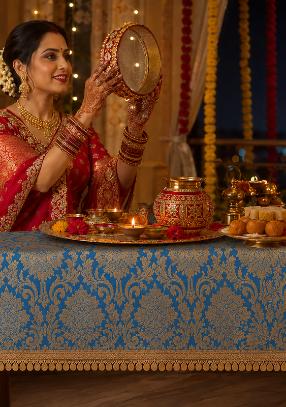 Thumbnail: Blue Brocade Silk Round Thali Cover , Gold Fringe