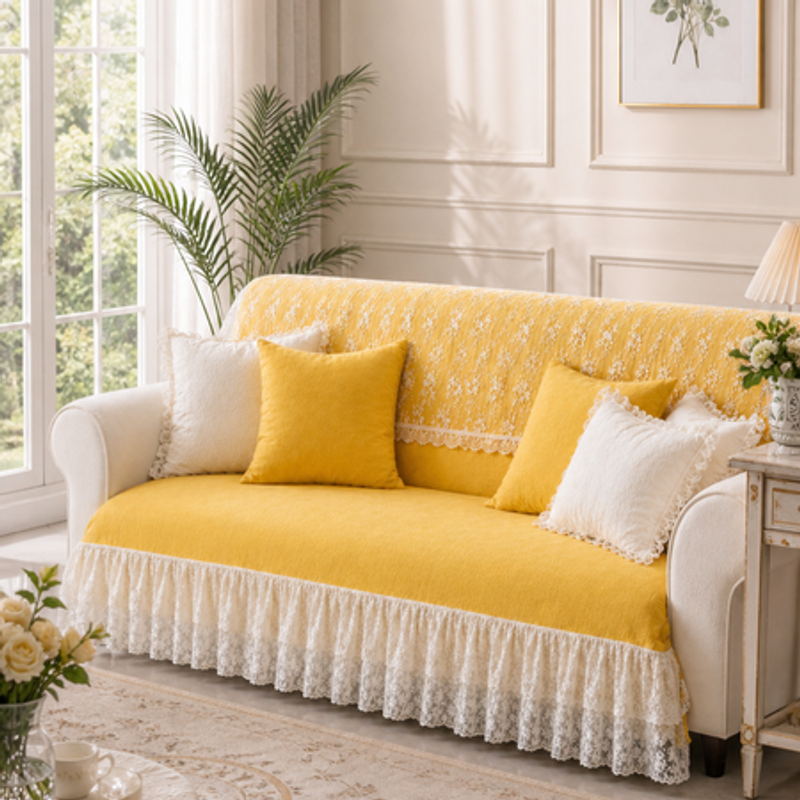 Thumbnail: Yellow 2+1+1 Seater Sofa Cover With Lace Frill | 4 Seater Set Frill Sofa Throw