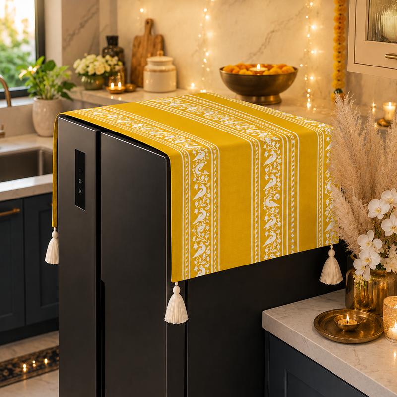 Hình thu nhỏ: Bird Pattern Large Double Door Fridge Cover With Corner Tassels 400+ L