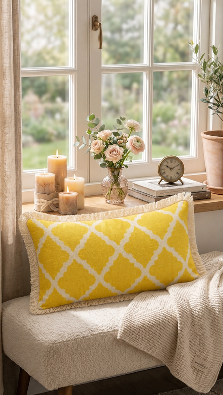Miniatură: Yellow& white  Trellis  Rectangular Full Body Bed Pillow Cover 12x36 Inches