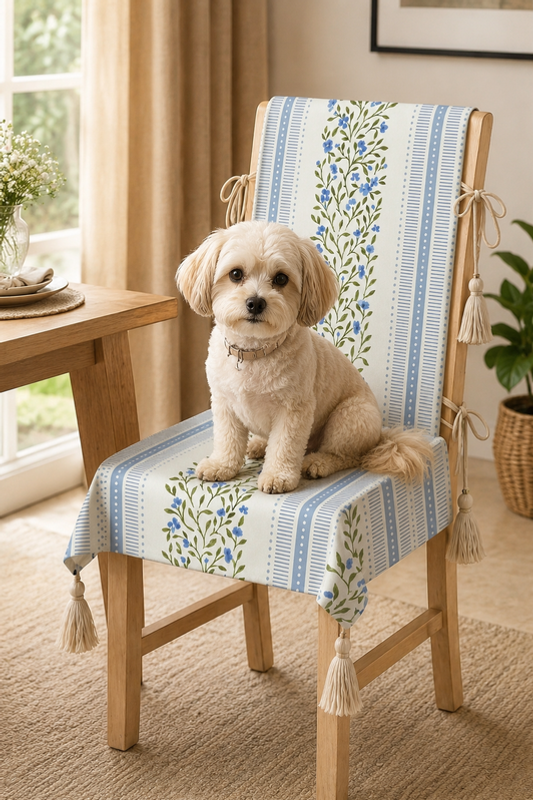 縮圖：Blue Blossam Tassels Dining Chair Seat & Back Cover|20"x22" SEAT| CHAIR COVER