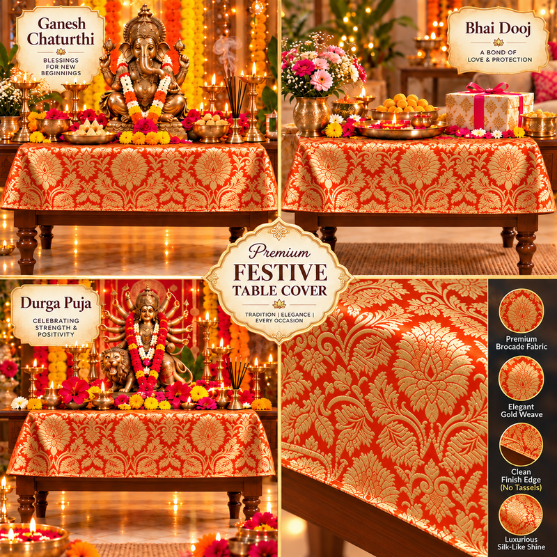 Oarnge Silk Brocade Pooja Asan Cover 40X30 Inches |Rectangle Table(L)