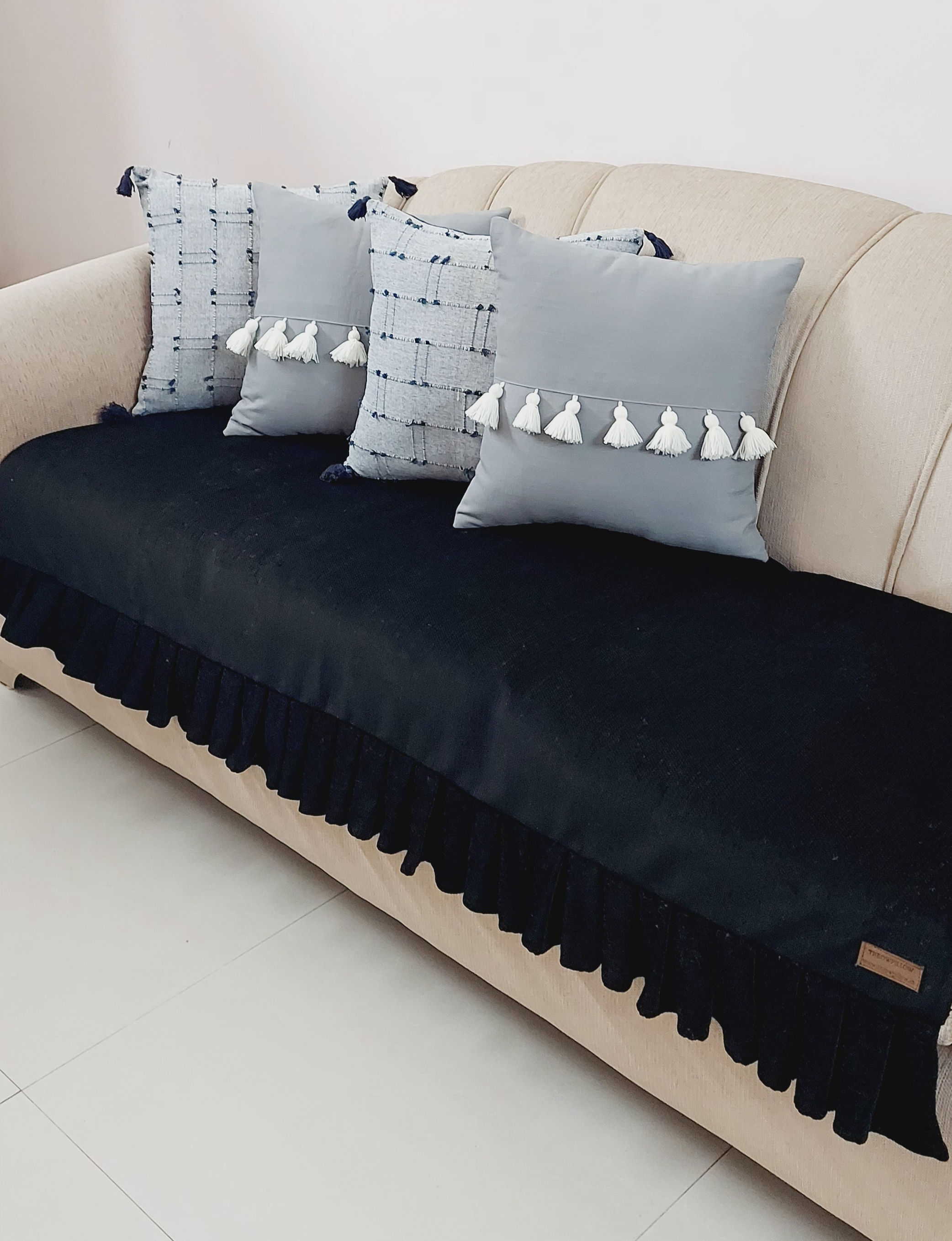 Black Pleated Sofa Cover | Slipcover with Pleats| Living Room Decor
