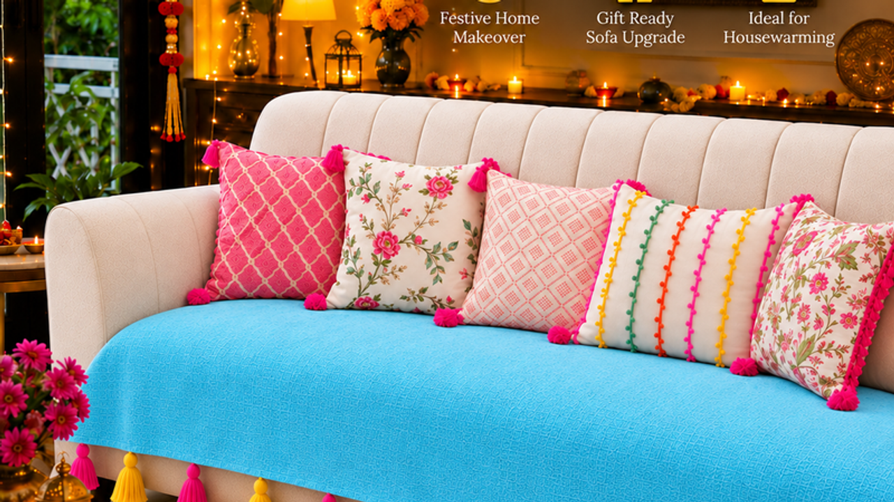 LShape 7 Seater Sofa Cover With Tassels Ice Blue 3 Seater + 3 Seater + 1 Corner