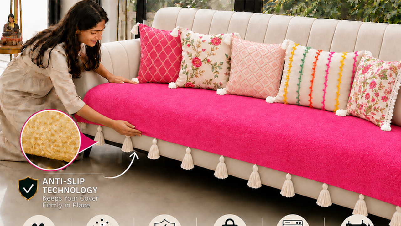 Pink 2 Seater+3 Seater+Corner L Shape Sofa Cover With Tassels|Seat Cover
