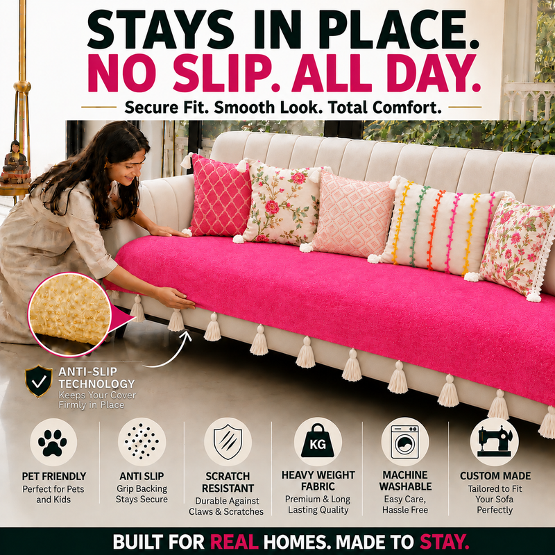 Pink Single Seater Sofa Cover With Tassel |Tassel Sofa Throw|Seat Cover