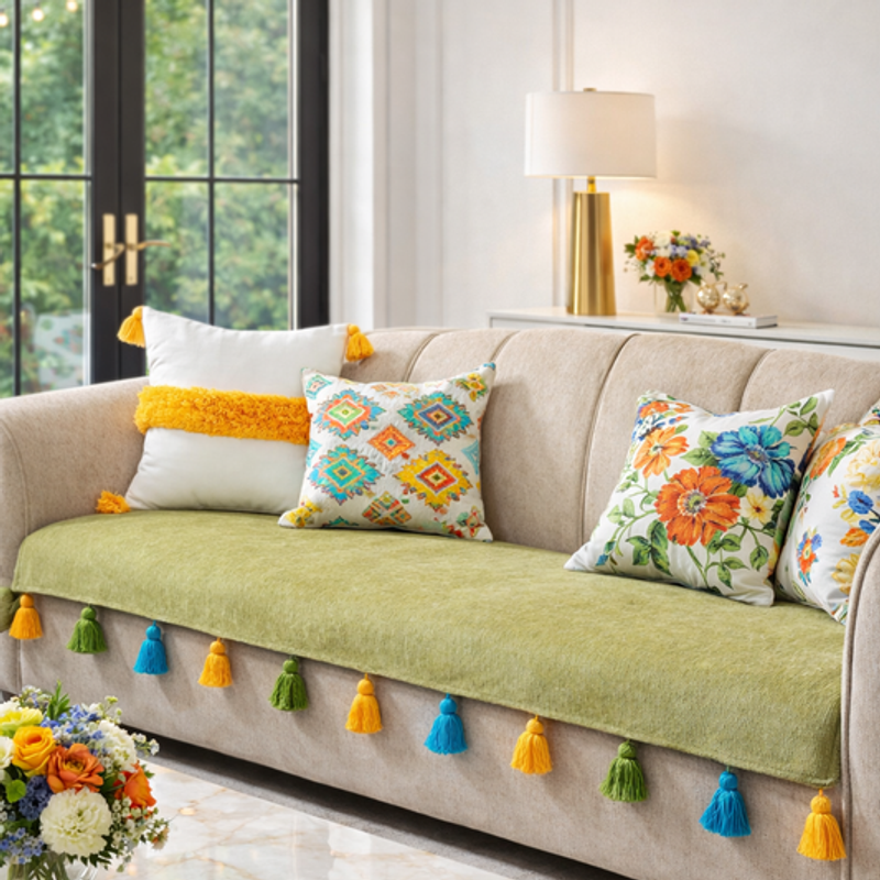 Thumbnail: 3 Seater Sofa Cover With Tassels:Green Triangle Drop Embroidered Back Cover