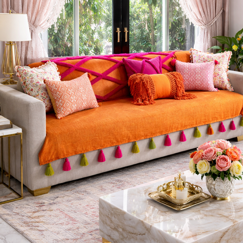 Indexkép: Orange Boho 4 Seater Sofa Cover With Tassel|AntiSlip Slipcover for Living Room