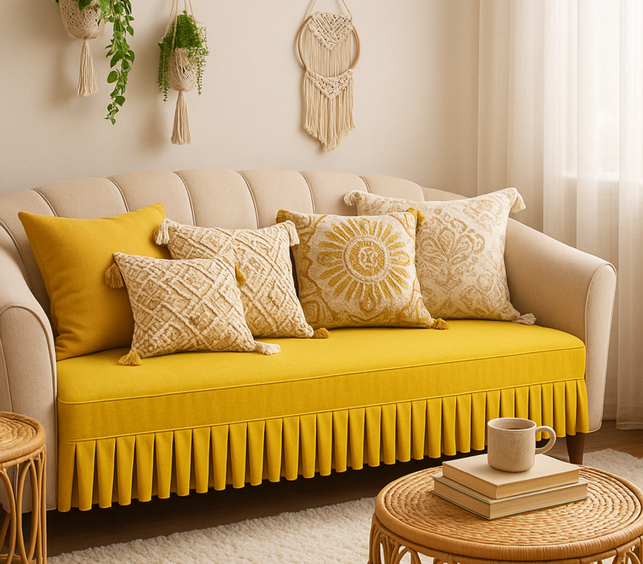 Miniatyrbild: LShape 7 Seater Sofa Cover With Pleats Yellow  3 Seater + 3 Seater + 1 Corner
