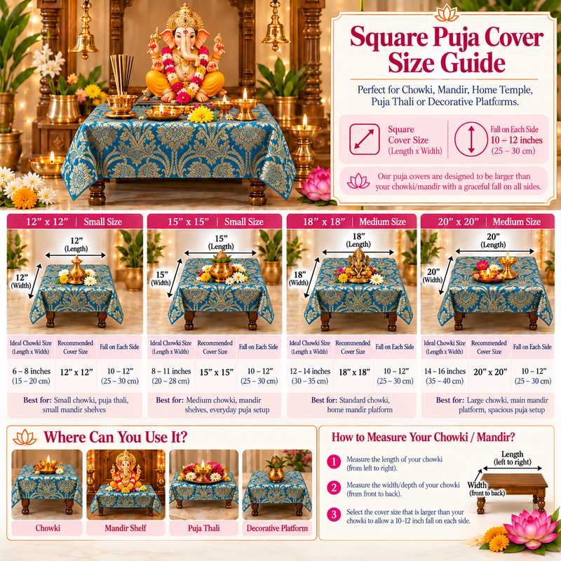 Teal Blue Silk Brocade Pooja Asan Cover 12 Inches |Square Table(S)