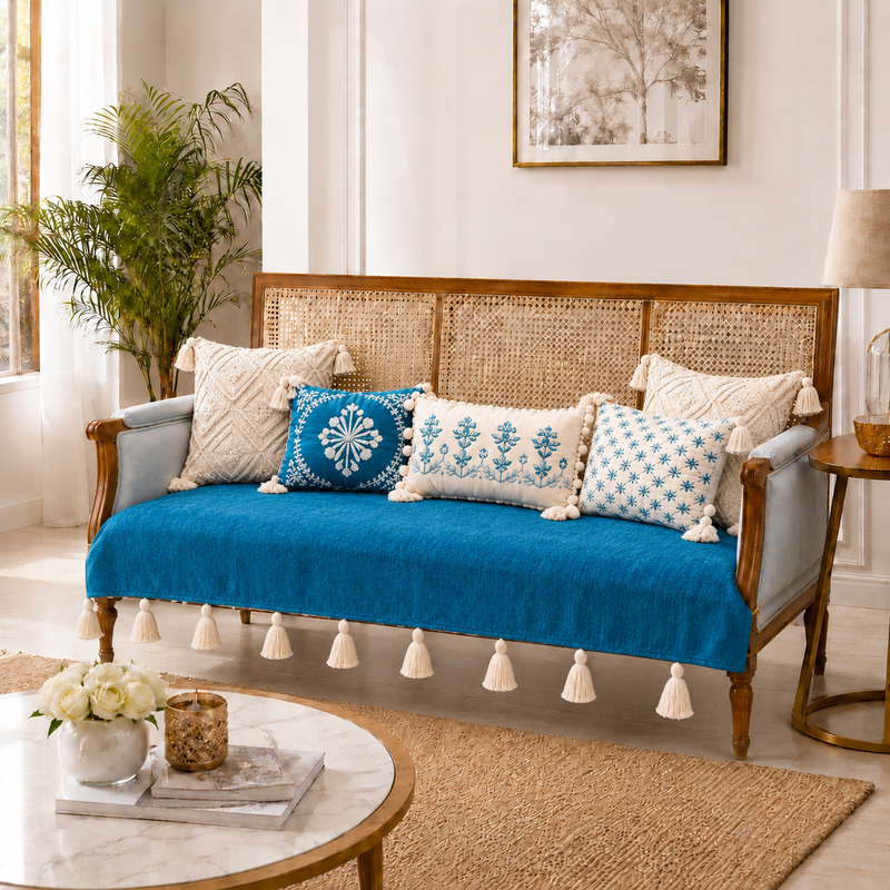 Thumbnail: Teal Blue 2+2+1 Seater Sofa Cover With Tassel|5 Seater Sofa Cover Set|Seat Cover