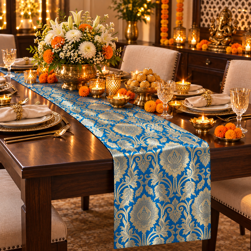 Teal Blue Brocade Tassel Table Runner 13x26" | Nightstand & Bedside D�cor